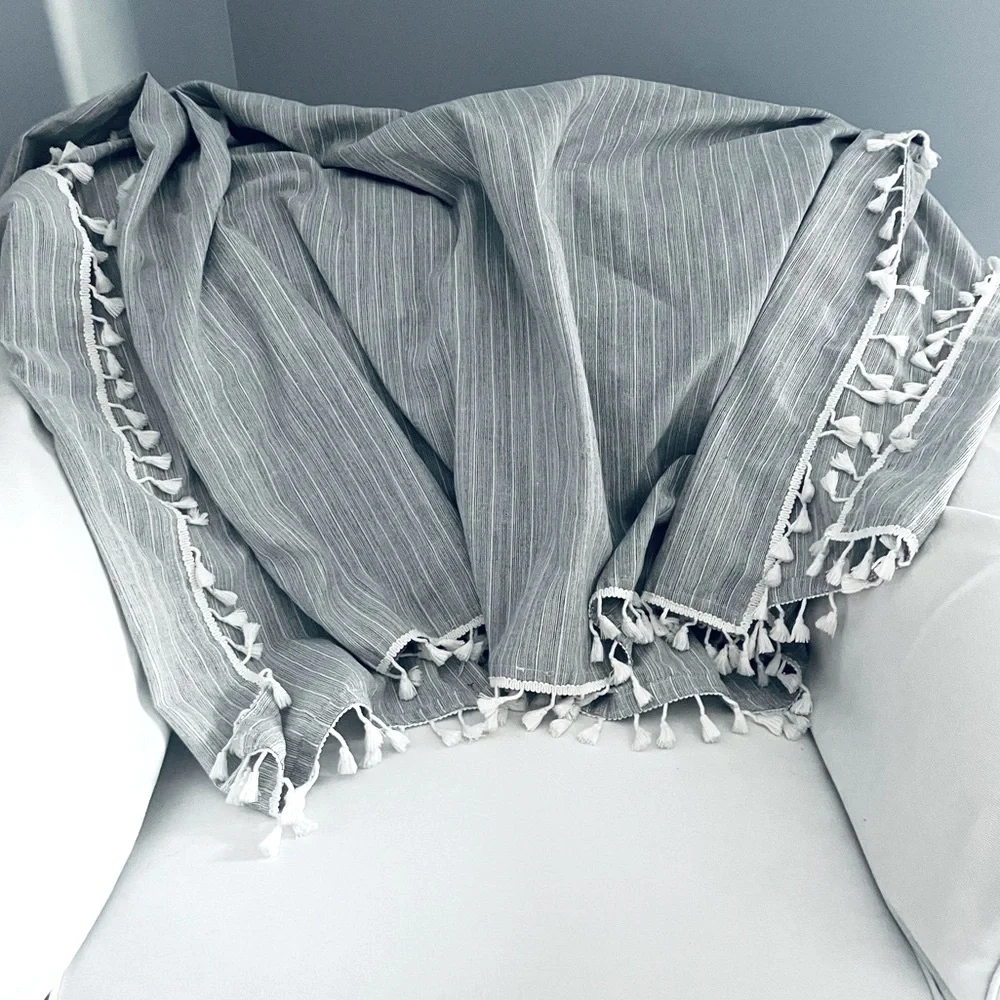 Boho Fringe tassel woven Gray and white stripes Tablecloth or throw blanket